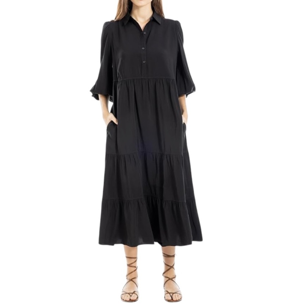 Max Studio Maxi Dress Tiered Relaxed Fit Pockets Black Elbow Sleeves Women’s XS